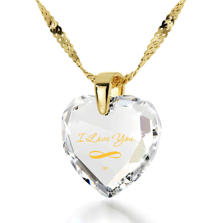 Gold Plated Silver Infinity I Love You Necklace Heart Pendant 24k Gold Inscribed Cubic Zirconia