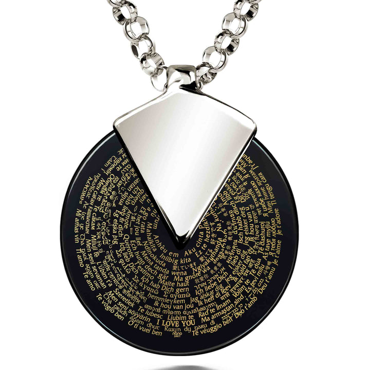 I Love You Necklace in 120 Languages 24k Gold Inscribed on Spinning Round Onyx