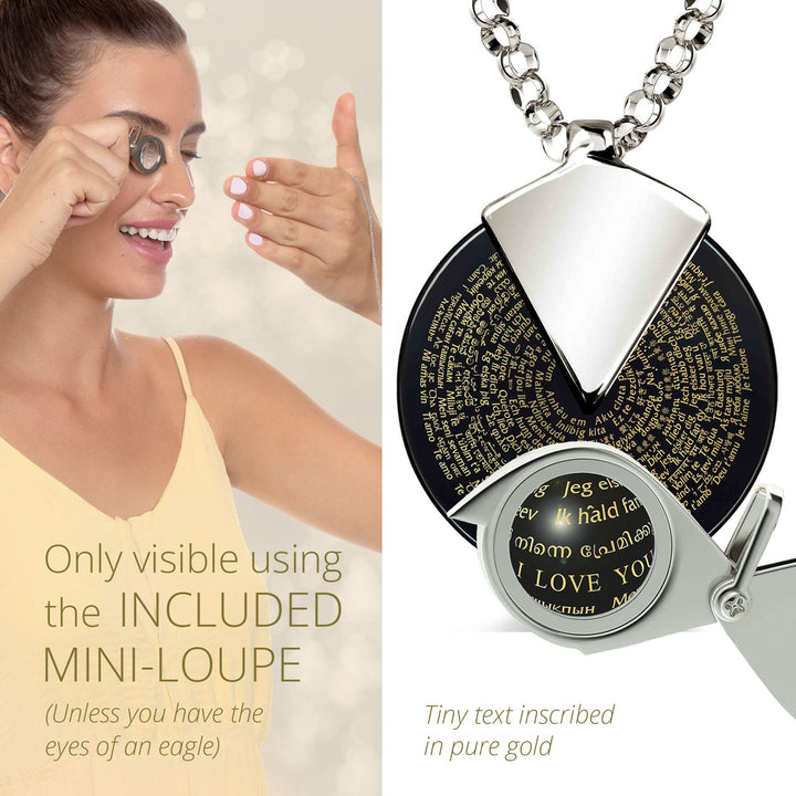 I Love You Necklace in 120 Languages 24k Gold Inscribed on Spinning Round Onyx
